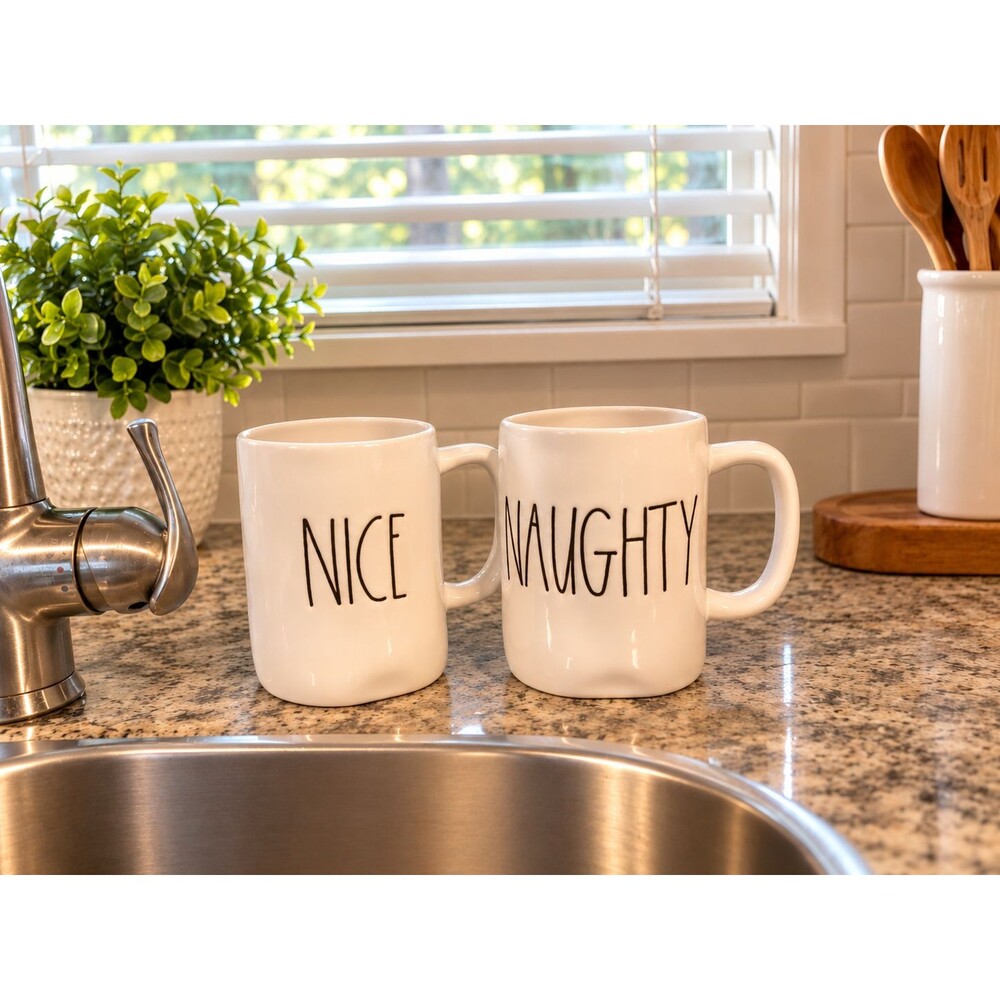 Rae Dunn NAUGHTY and NICE Green Mug Set Christmas
